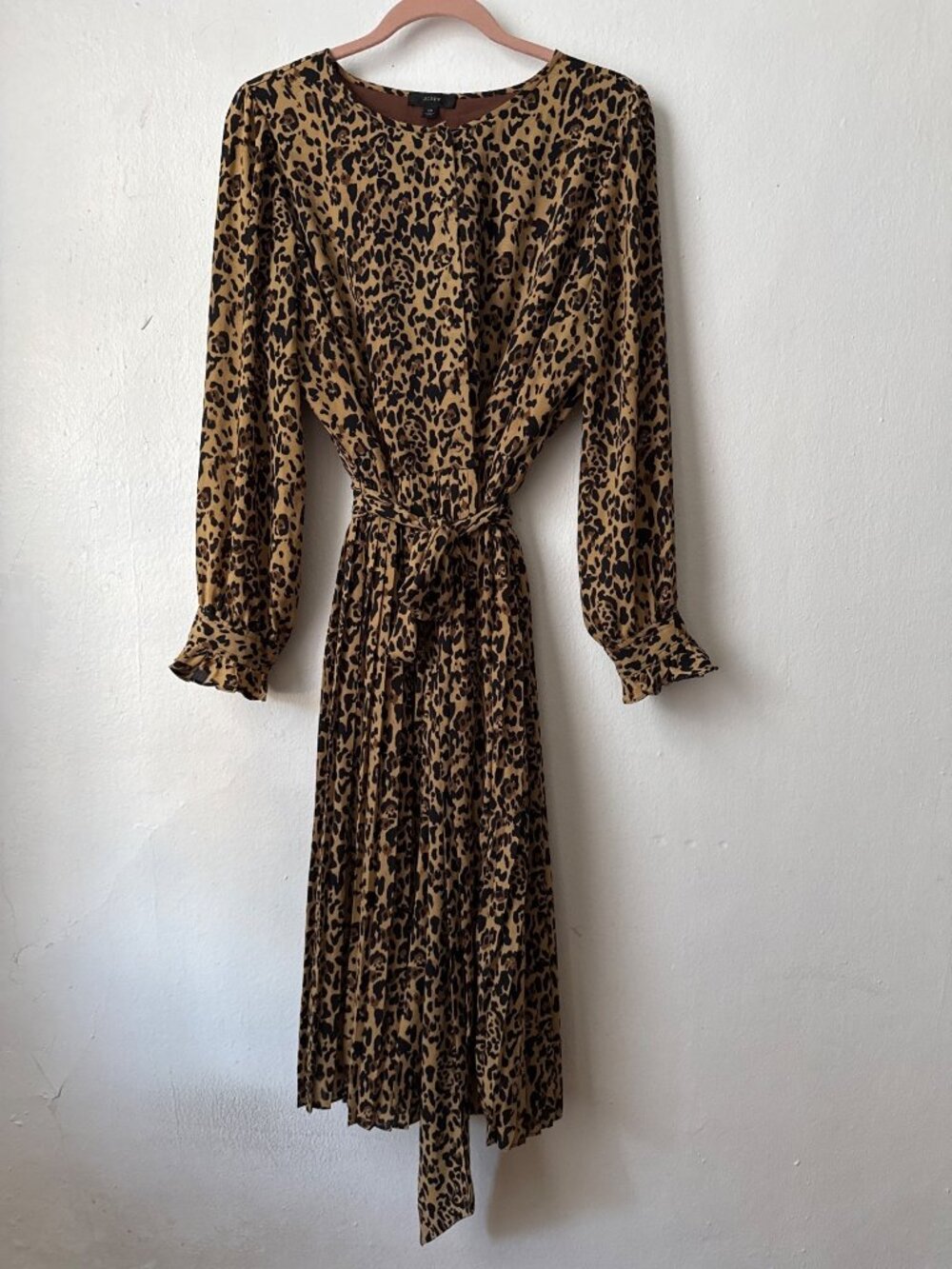 J Crew Animal Print Long Sleeve Pleated Midi Side Zipper Dress Size 16